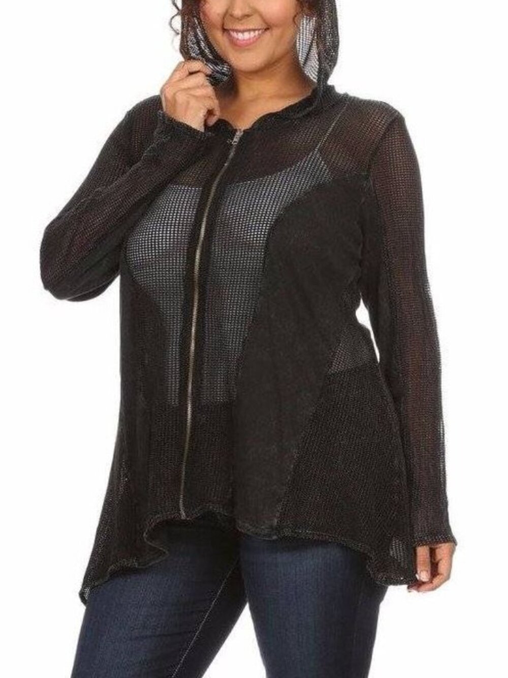 T Party black mesh detail zip up hoodie